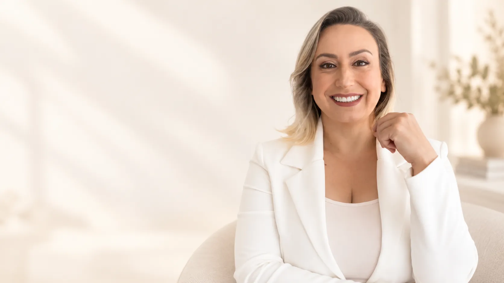 Enfermeira esteta Elaine Angélica Guilherme, de blazer branco, sorrindo, sentada numa poltrona clara